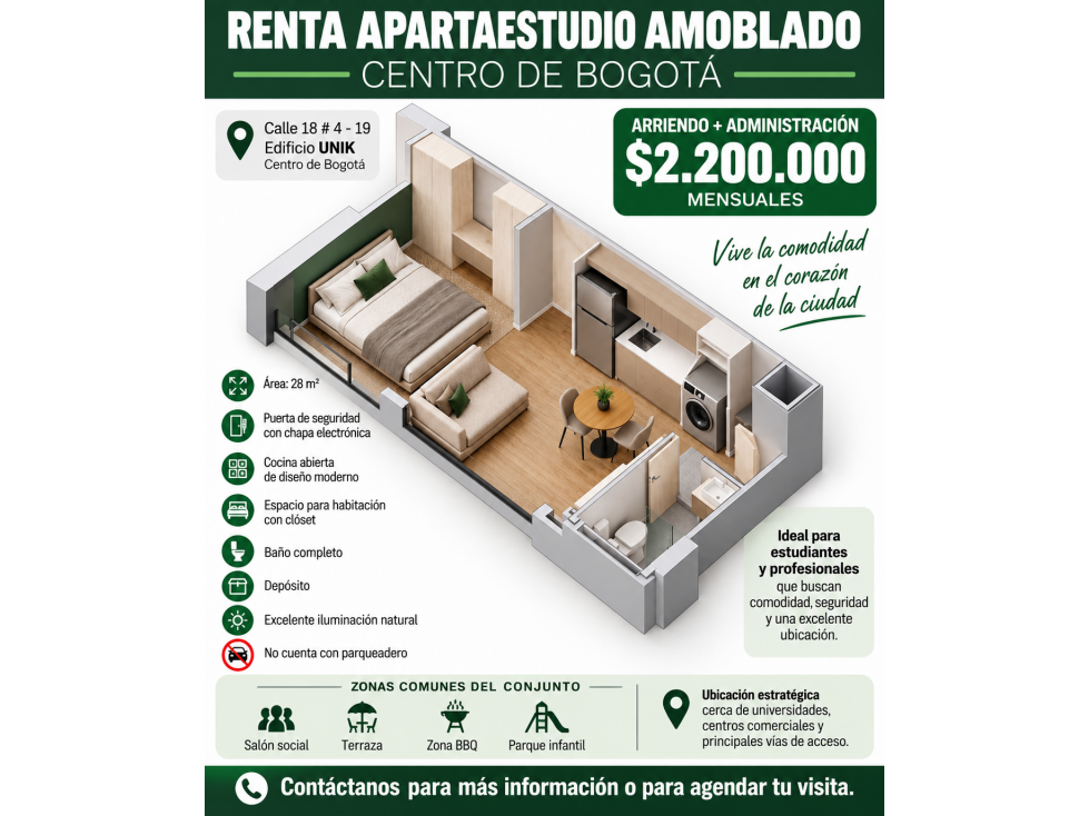 ARRIENDO APARTAESTUDIO AMOBLADO EDIFICIO UNIK - ZONA CENTRO — foto 2