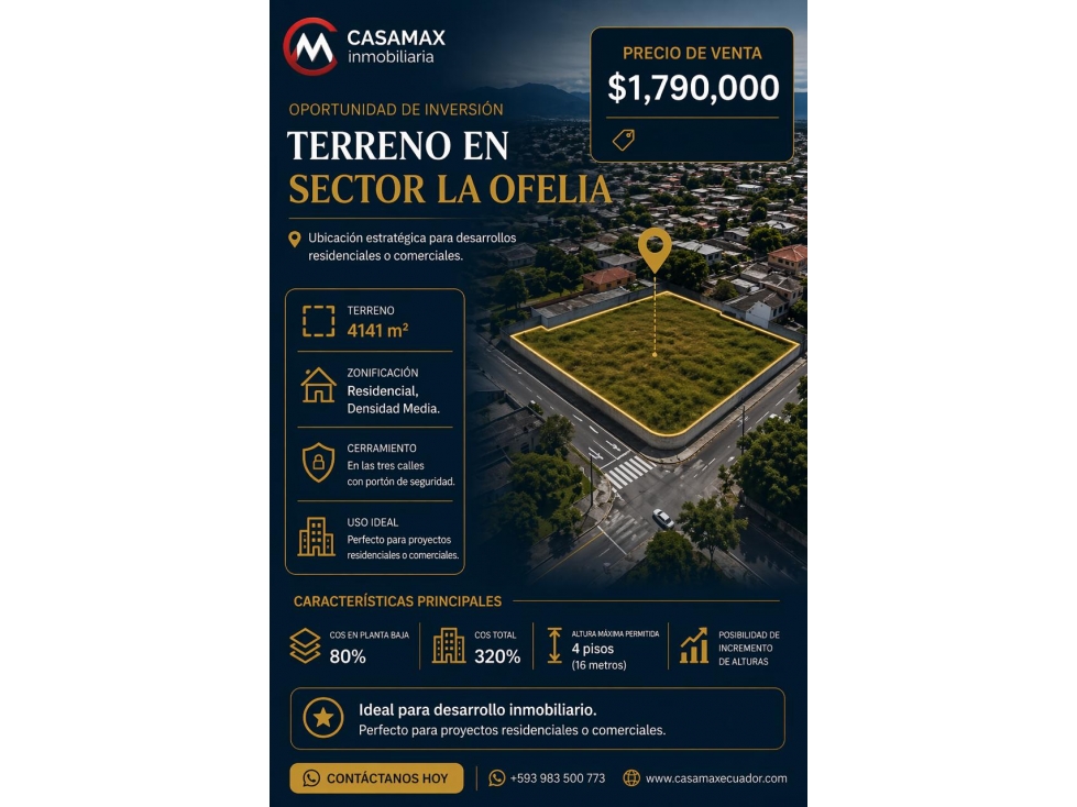 Terreno en Venta 4,141 m² Sector La Ofelia - Av. Diego Vásquez Cepeda.