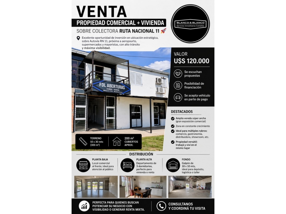 PROPIEDAD COMERCIAL + VIVIENDA SOBRE COLECTORA RUTA NACIONAL 11 - 1