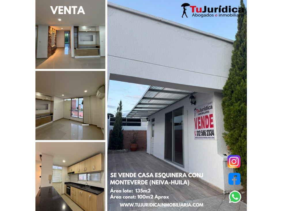SE VENDE CASA ESQUINERA CONJ MONTE VERDE (NEIVA-HUILA)