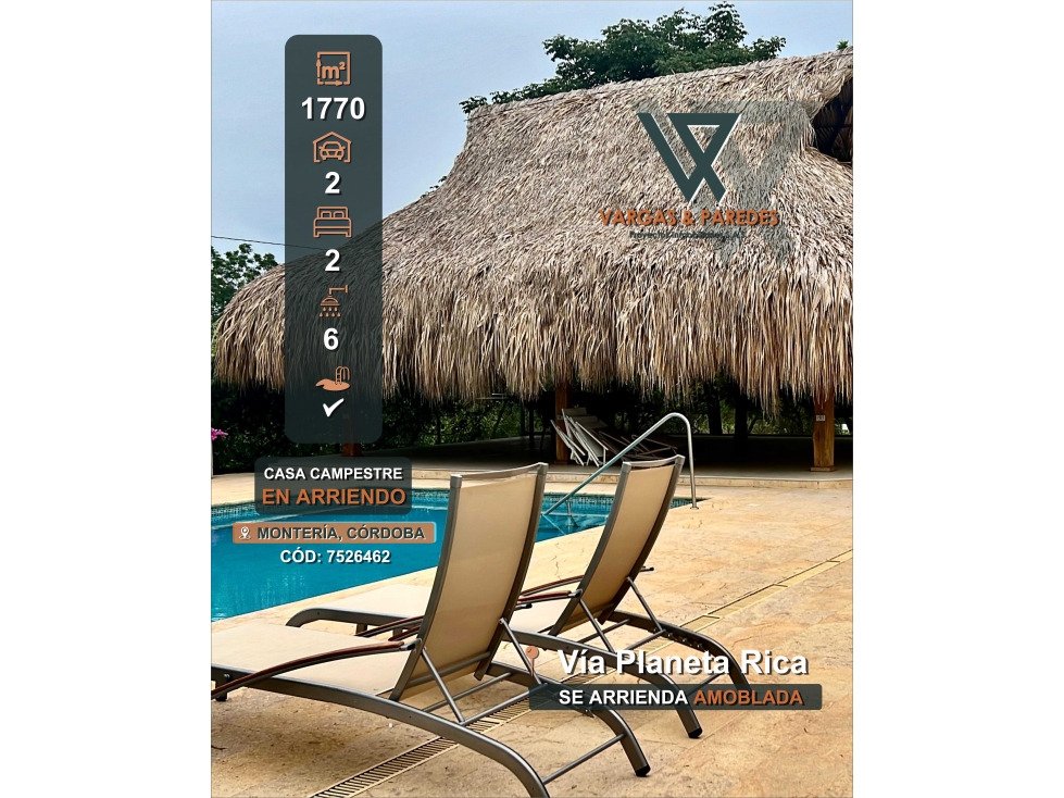 CASA CAMPESTRE AMOBLADA EN VENTA Y ARRIENDO VIA PLANETA RICA MONTERIA - 1