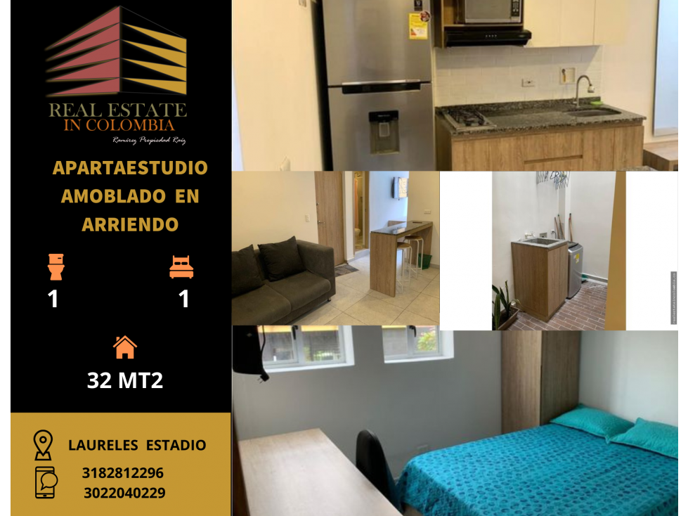APARTAESTUDIO AMOBLADO EN ARRIENDO LAURELES-CERCA DE LA 70