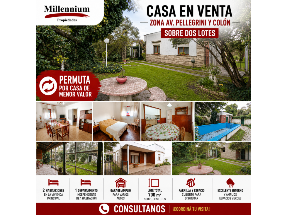 Casa con pileta sobre 2 lotes en venta en Av. Pellegrini 3050