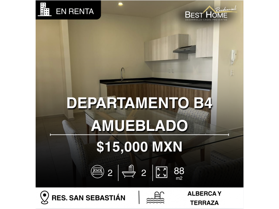 Departamento de 89 m2 en renta amueblado San Sebastián, Cún