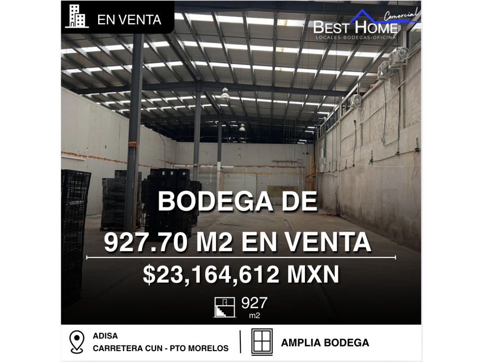 Bodega en venta de 927 m2 en Adisa carretera Cancún - pto. Morelos