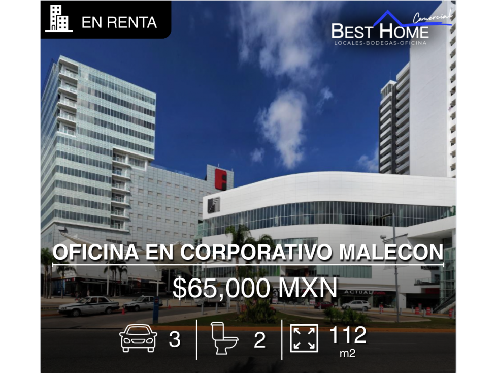 Oficina en renta de 112 m2 en corporativo malecón, Cancún