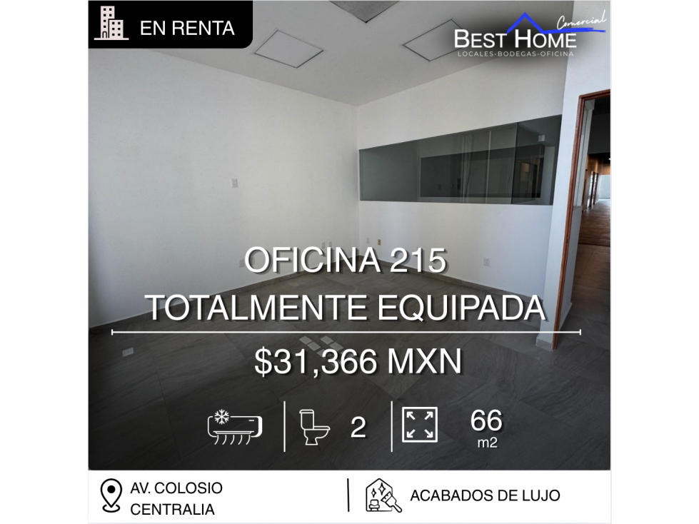 Oficina 215 en renta de 66 m2 en Centralia, Cancún