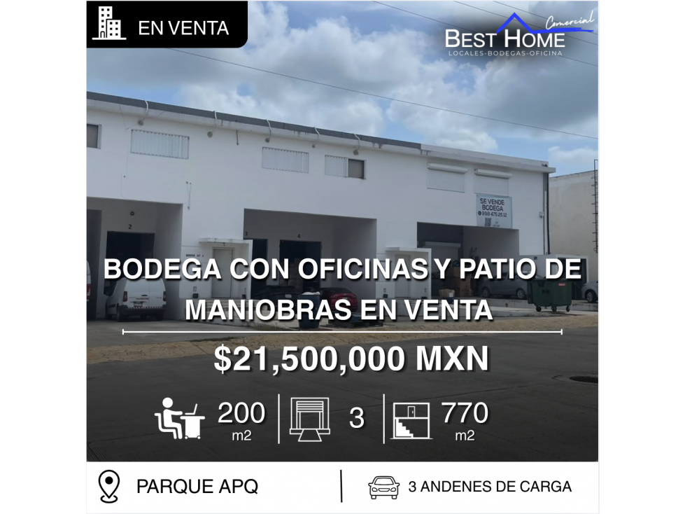 Bodega en venta de 770 m2 en APQ, Cancún