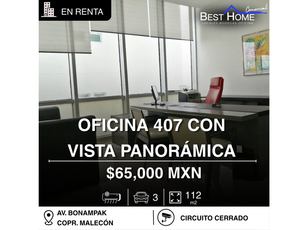 Oficina 407 en renta de 112 m2 en Copr. Malecón, Cancún