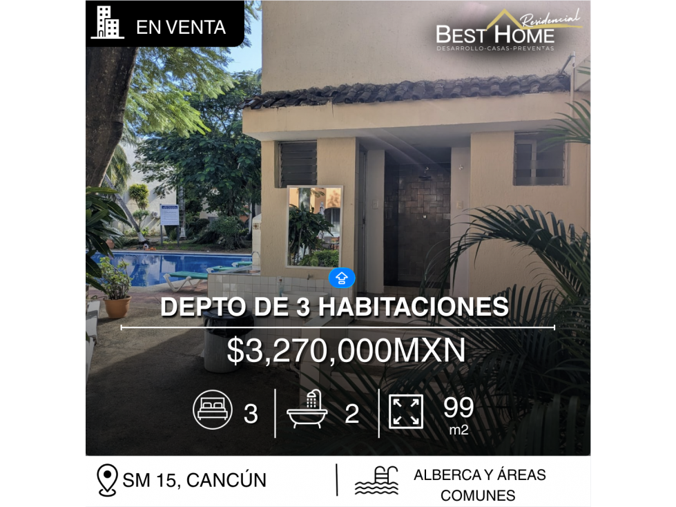 Depto en venta de 99 m2 en SM 15, Cancún