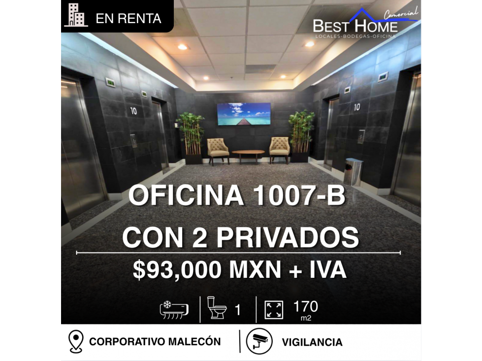 Oficina 1007-b de 170 m2 en renta en corp. Malecón - Cancún