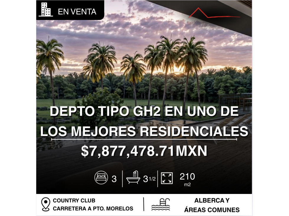 Departamento GH2 de 210 m2 en venta en H11 country club, Cancún