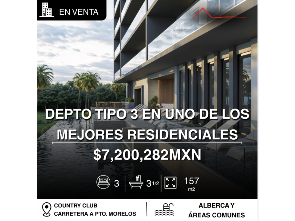 Departamento 3 y 5 de 157 m2 en venta country club, Cancun