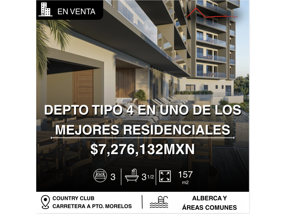 Departamento 4 de 157 m2 en venta en country club, Cancún