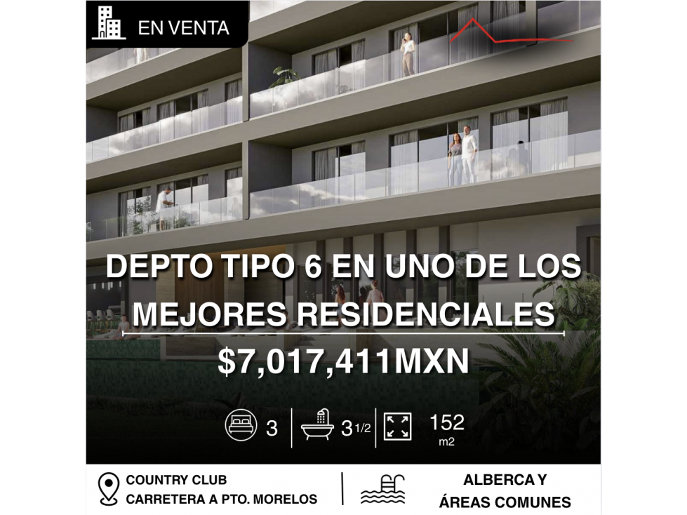 Departamento 6 de 152 m2 en venta en country club, cancún