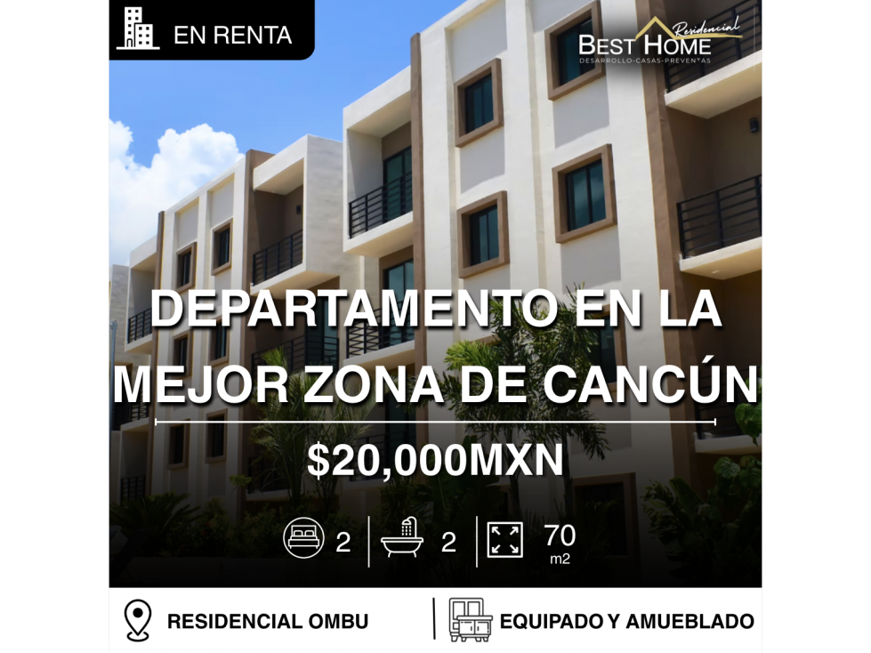 Departamento de 70 m2 en renta en Residencial Ombu, Cancún