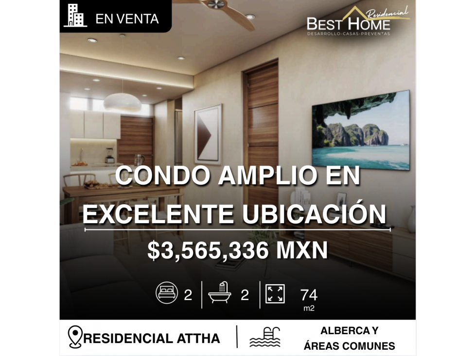 Condo en venta de 74.6 m2 en residencial Attha, Cancún