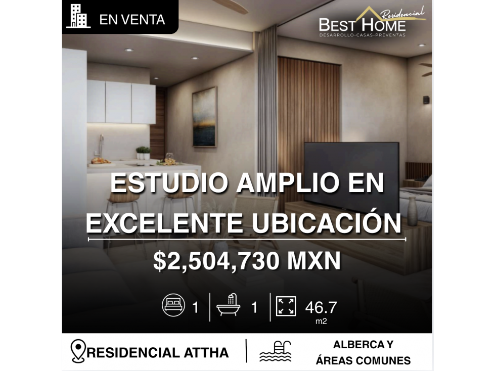 Estudio en venta de 46.7 m2 en nuevo desarrollo ATTHA, Cancún