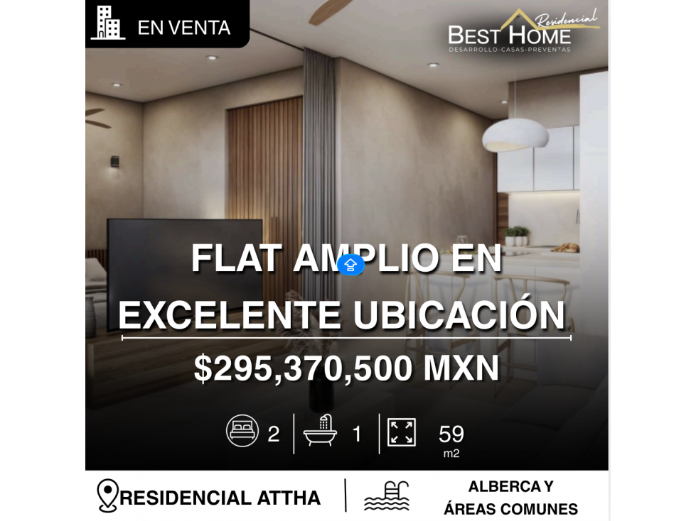 Flat en venta de 59.6 m2 en nuevo desarrollo ATTHA, Cancún