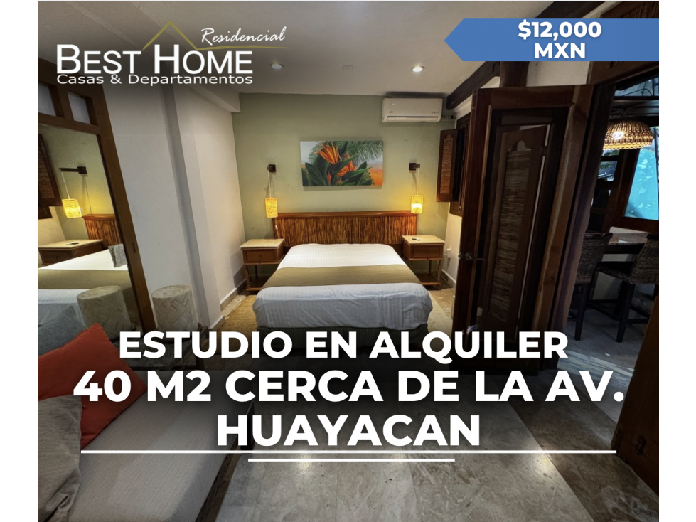 Estudio de 40 m2 en renta cerca de Av. Huayacan - Cancún