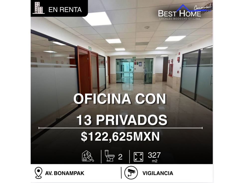Oficina de 327 m2 en renta con 13 privados en Av. Bonampak, Cancún