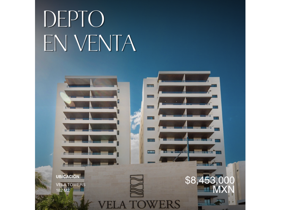 Departamento en venta de 182 m2 en vela towers, cancún