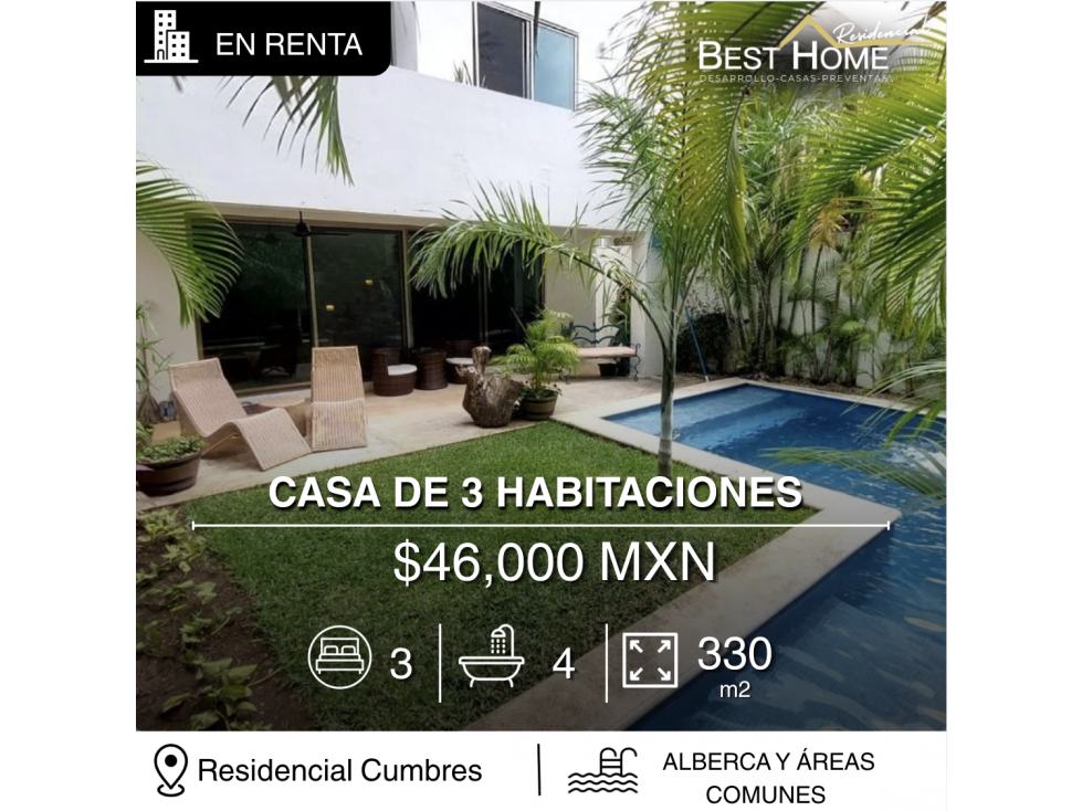 Casa en renta de 330 m2 en Cumbres, Cancún