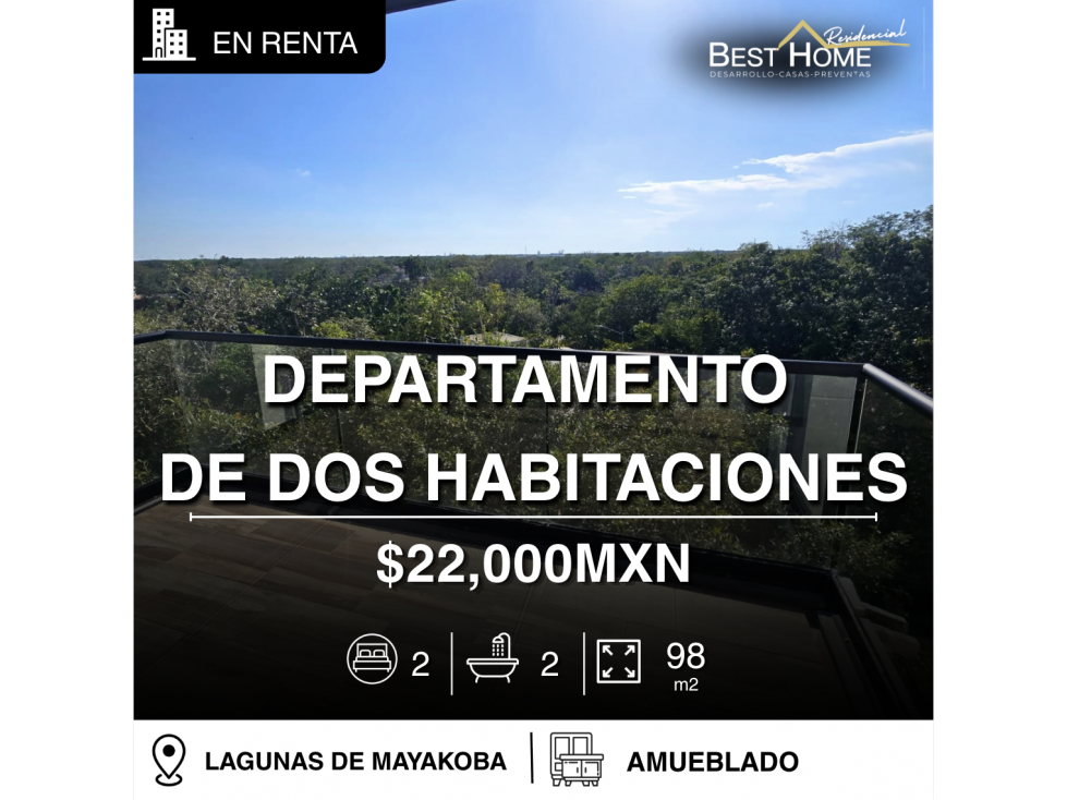 Departamento de 98 m2 amueblado en renta | Lagunas de Mayakoba, Cancún - 1