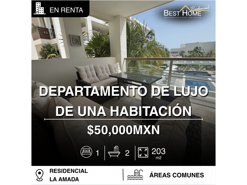 Departamento en renta de 203 m2 en Residencial La Amada, Cancun