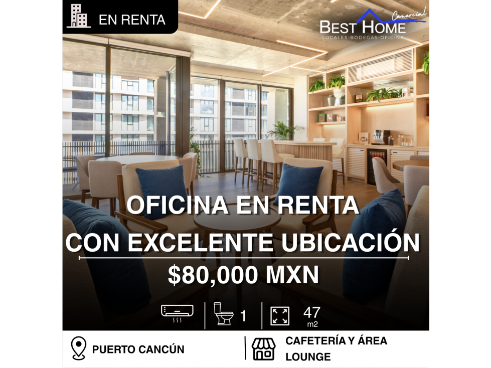 Oficina de 47 m2 en renta en Puerto Cancún - 1
