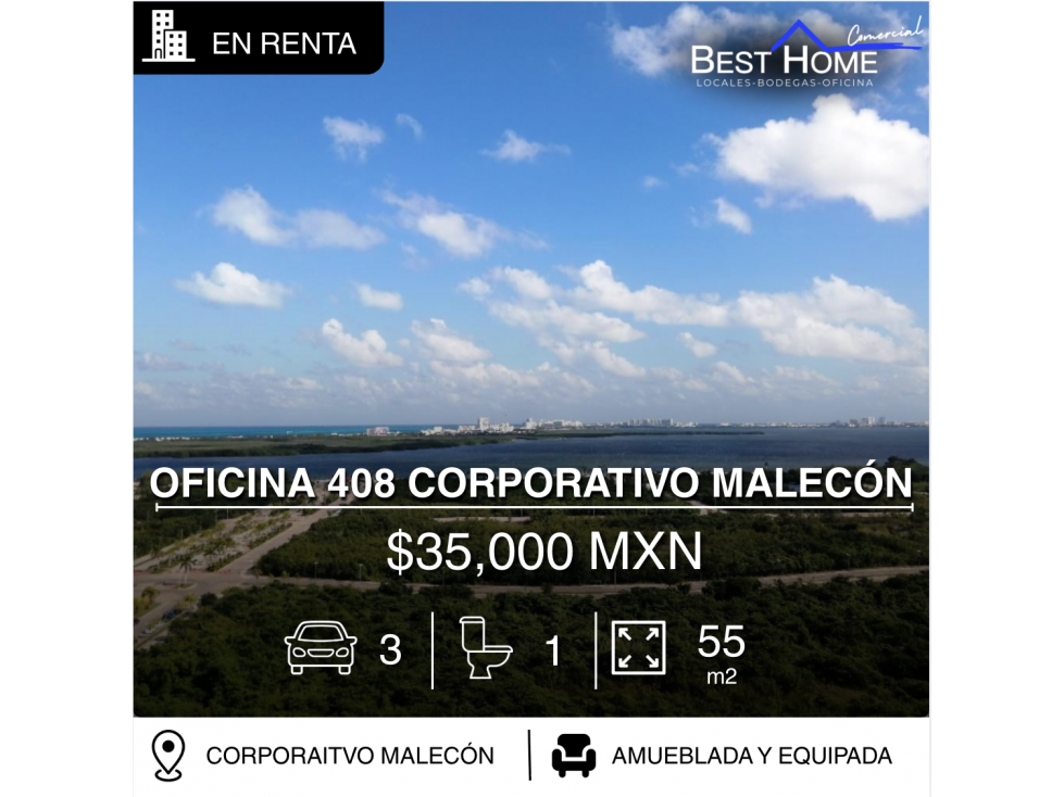 Oficina 408 en renta de 55 m2 en corporativo Malecón, Cancún