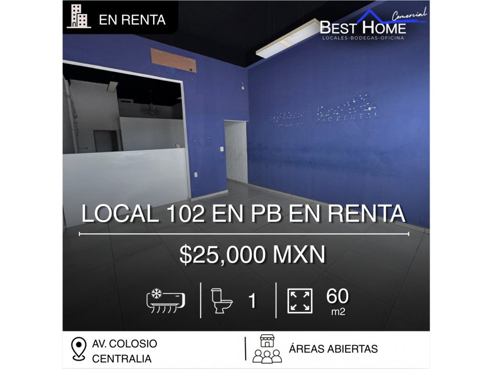 Se renta local 102 de 60 m2 en Centralia, Cancún