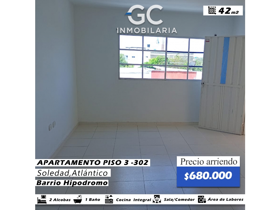 Se arrienda apartamento piso 3 - 302 Barrio hipodromo