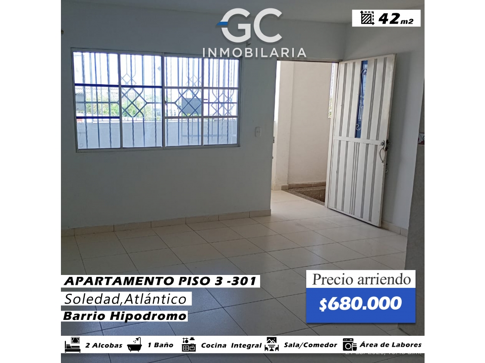 Se arrienda apartamento piso 3 - 301 Barrio hipodromo