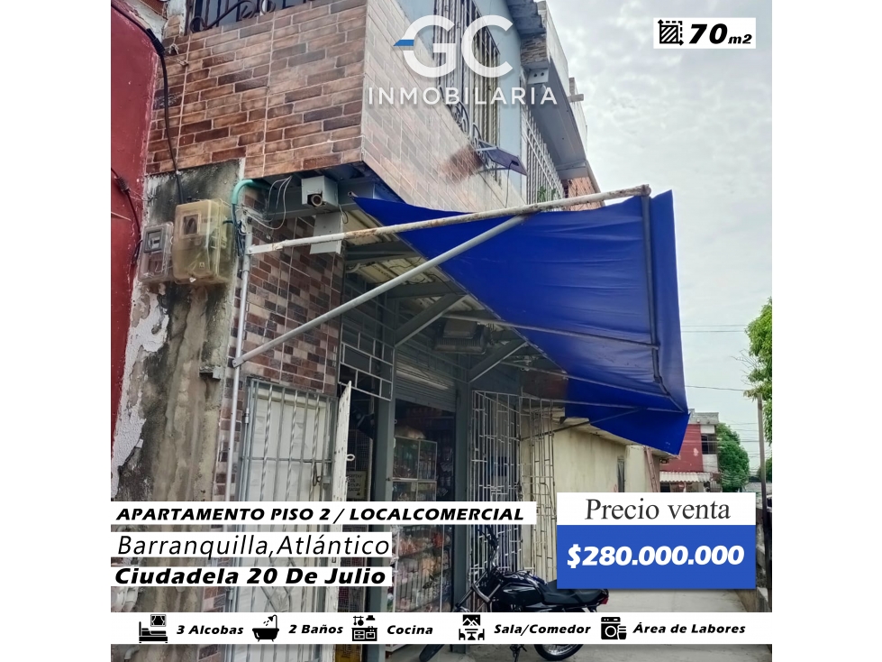 Se vende apartamento 2 piso con local comercial Ciudadela 20 de julio