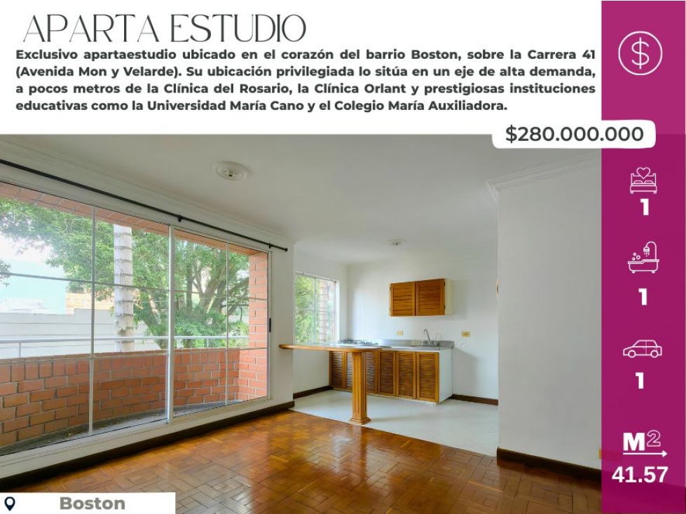 Aparta estudio en venta en Boston, a dos cuadras del parque Boston
