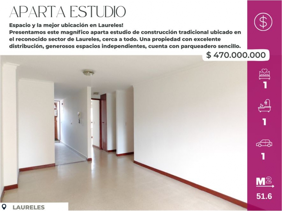 Apartaestudio Amplio de 51.6 m² en Laureles piso alto