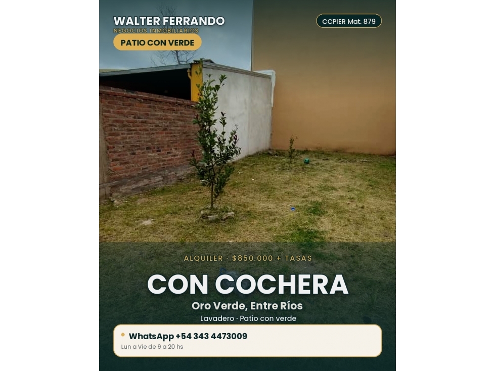 CASA ALQUILER DOR DORMITORIOS PATIO COCHERA ORO VERDE GAS NATURAL - 2