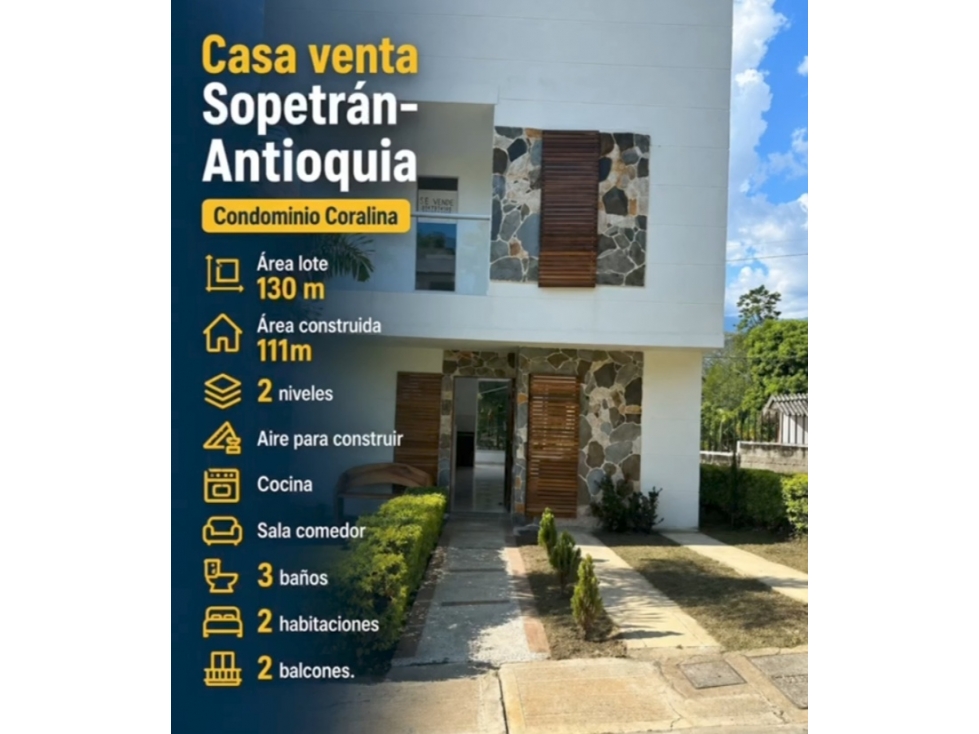 CASA UNIFAMILIAR CON PARQUEADERO EN VENTA EN SOPETRAN ANTIOQUIA