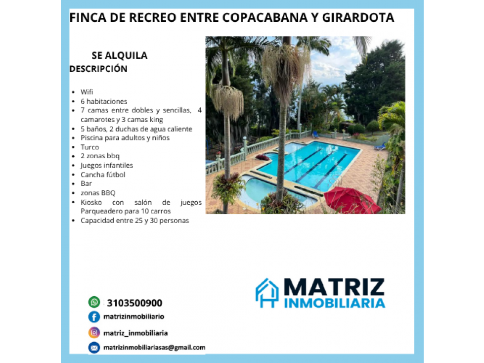 RENTA FINCA DE RECREO ENTRE COPACABANA Y GIRARDOTA - 1