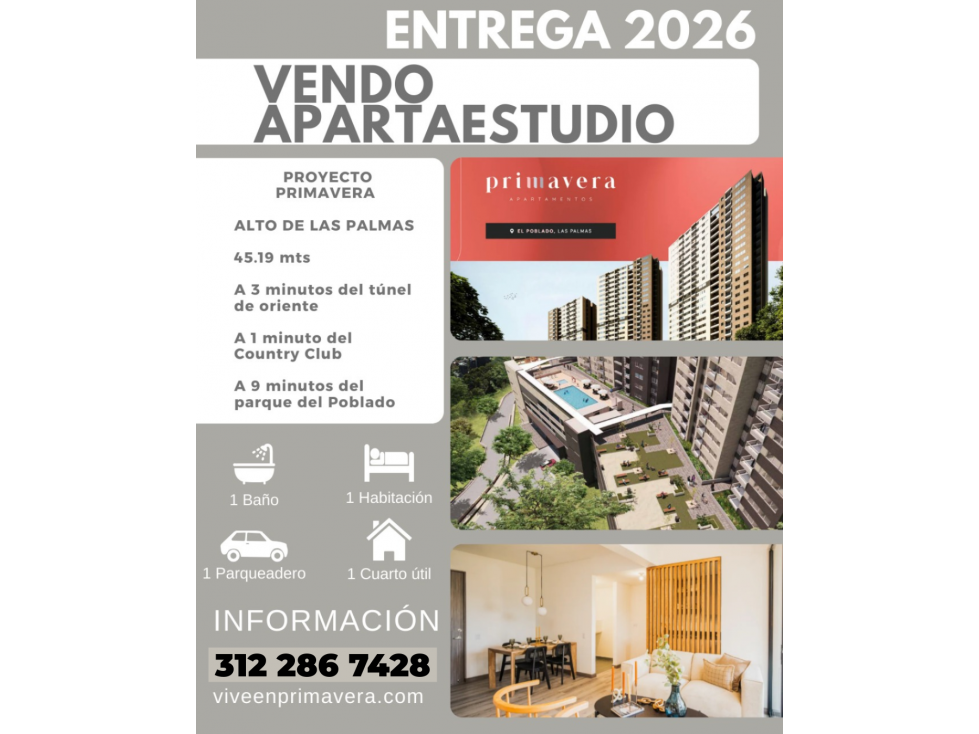 Se vende apartamento Poblado - Palmas - Cesión de Derechos Primavera