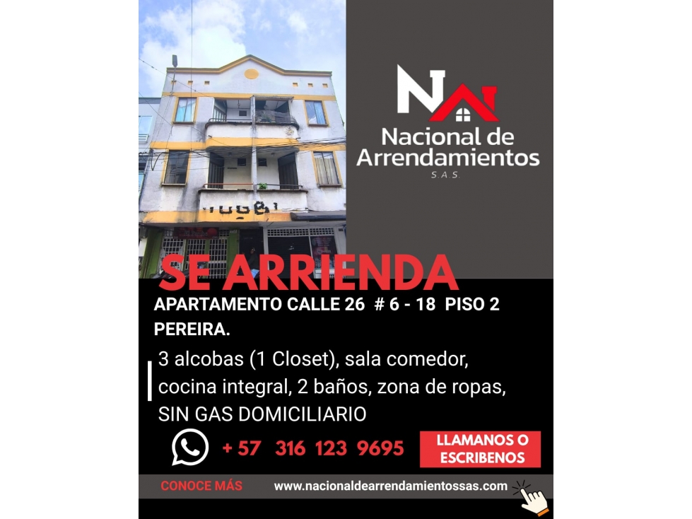 RENTA APARTAMENTO CALLE 26 #6 SECTOR EL LAGO PEREIRA