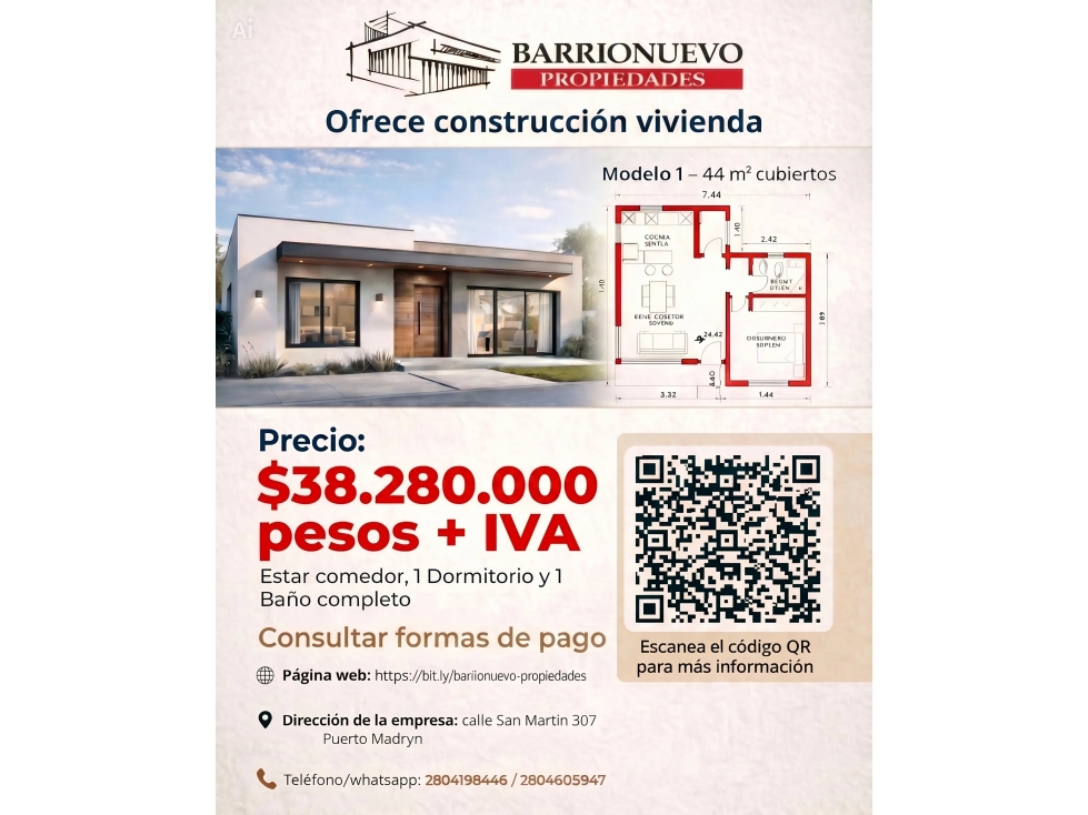 Construccion vivienda 44 m2, $38.280.000 pesos - 1
