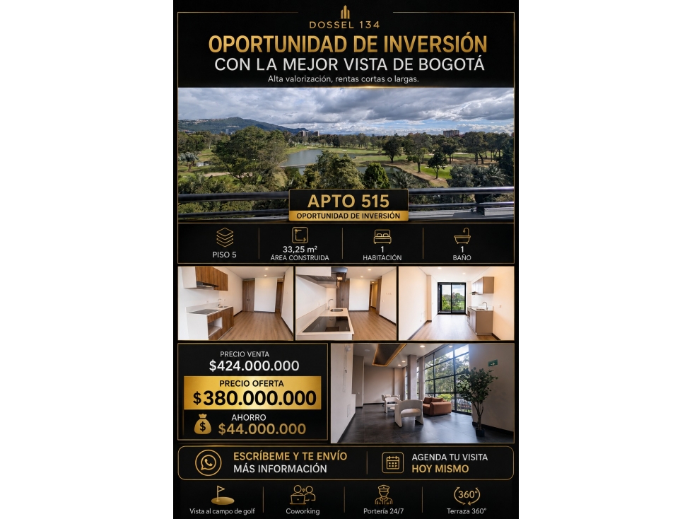 Venta Apartaestudio Vista al Country Club, Balcón, 33m2, Rentas Cortas