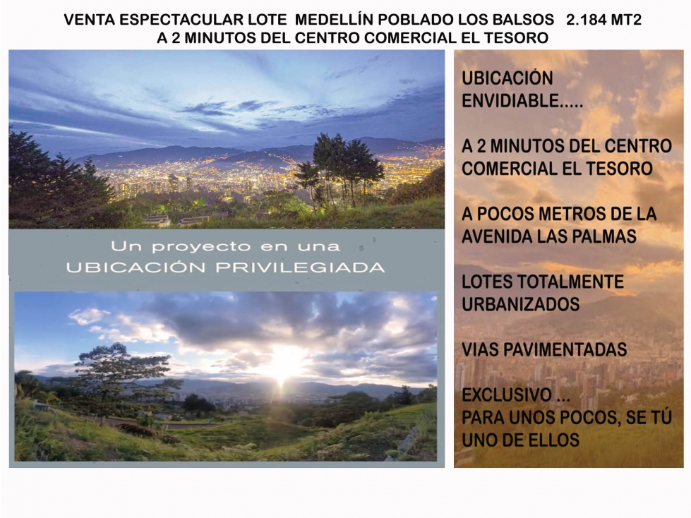 Venta Lote parcelación Medellín poblado balsos palmas vista