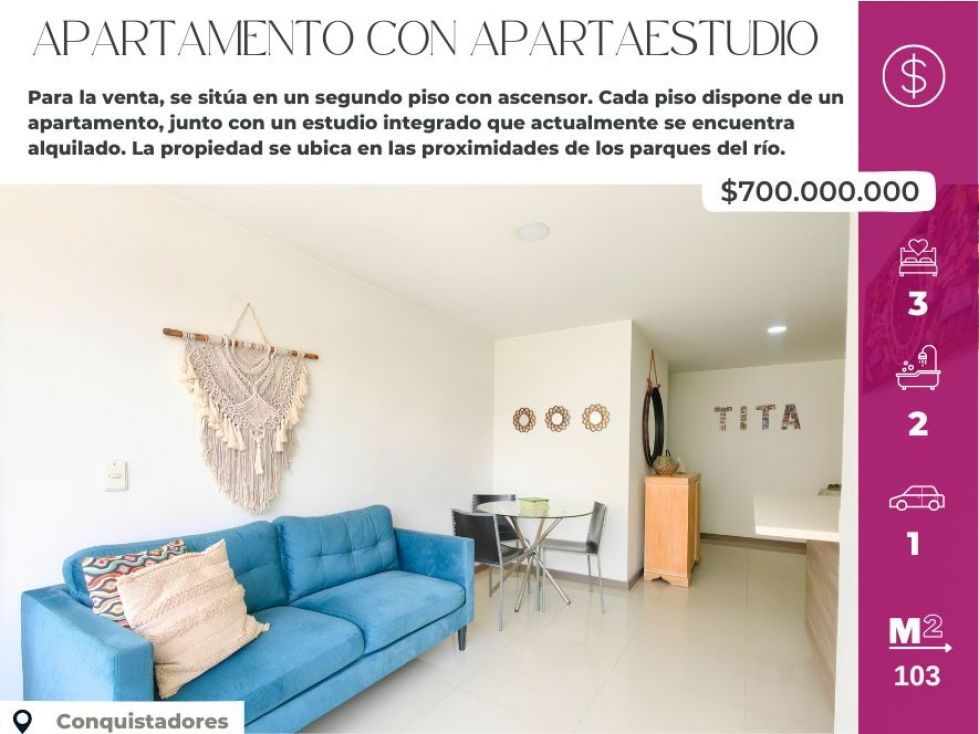 Excelente apartamento en venta, más Aparta estudio integrado