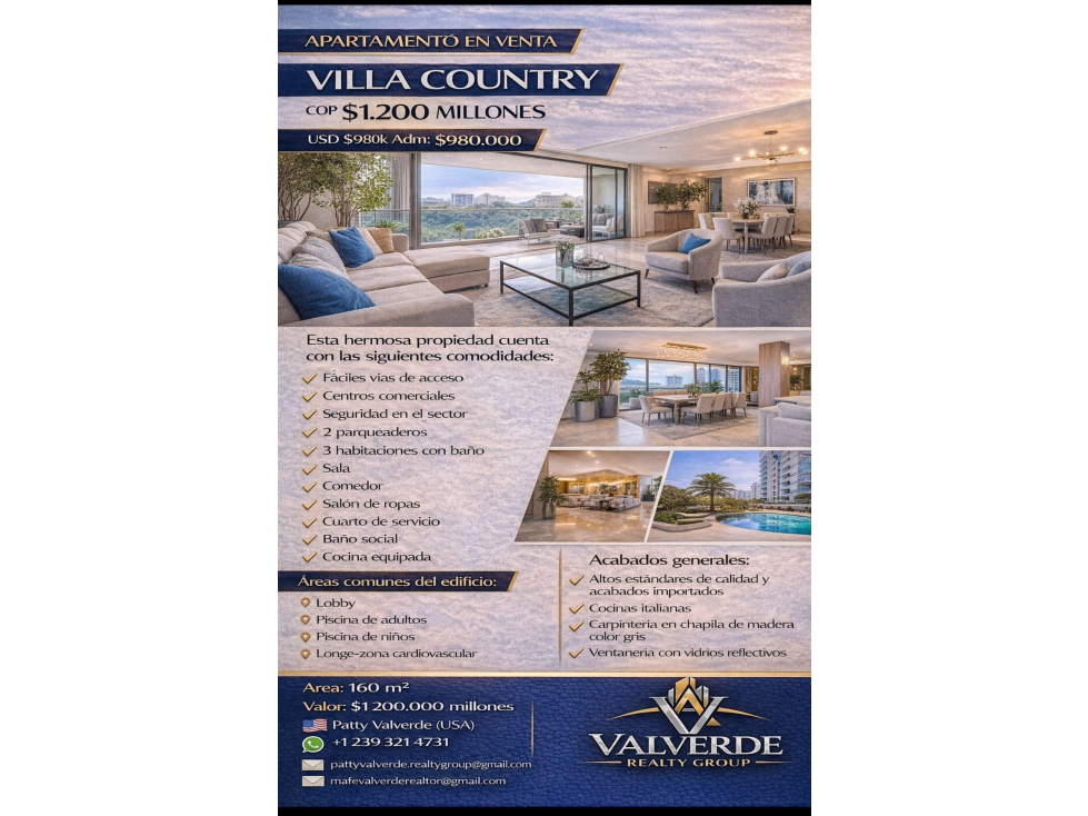 2240 APARTAMENTO DE LUJO EN VILLA COUNTRY 160 M² $1.200 MILLONES