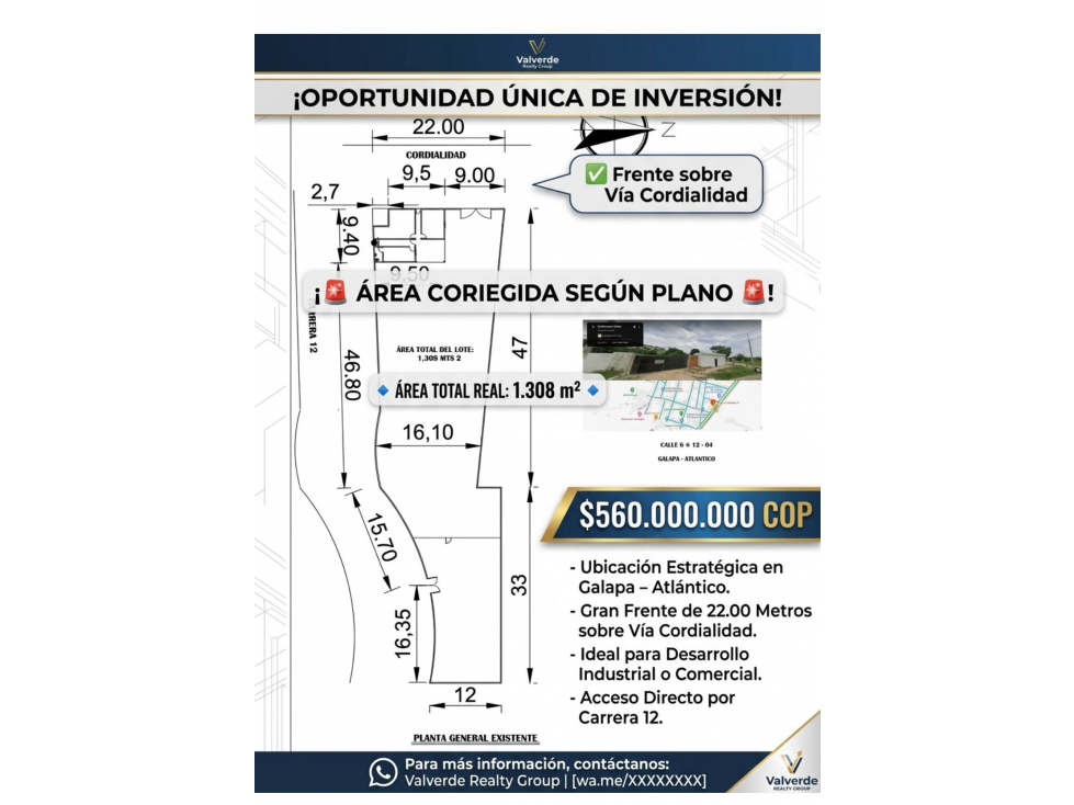 2617 Lote Estratégico en Galapa*1308mts2 $560M Rica - 1