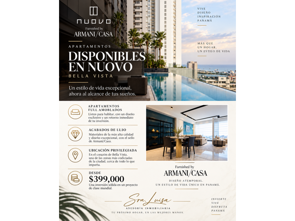 Apartamento amoblado en venta en NUOVO by Armani/Casa Bella Vista