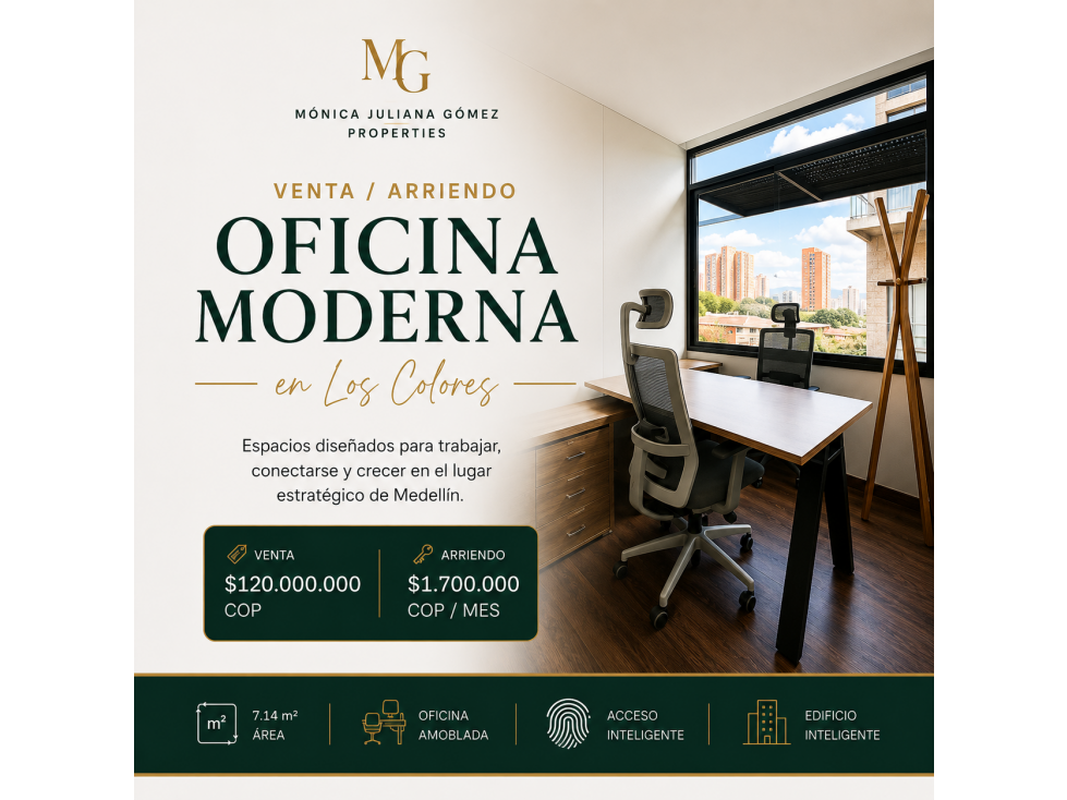 Venta /arriendo oficina moderna en edificio inteligente